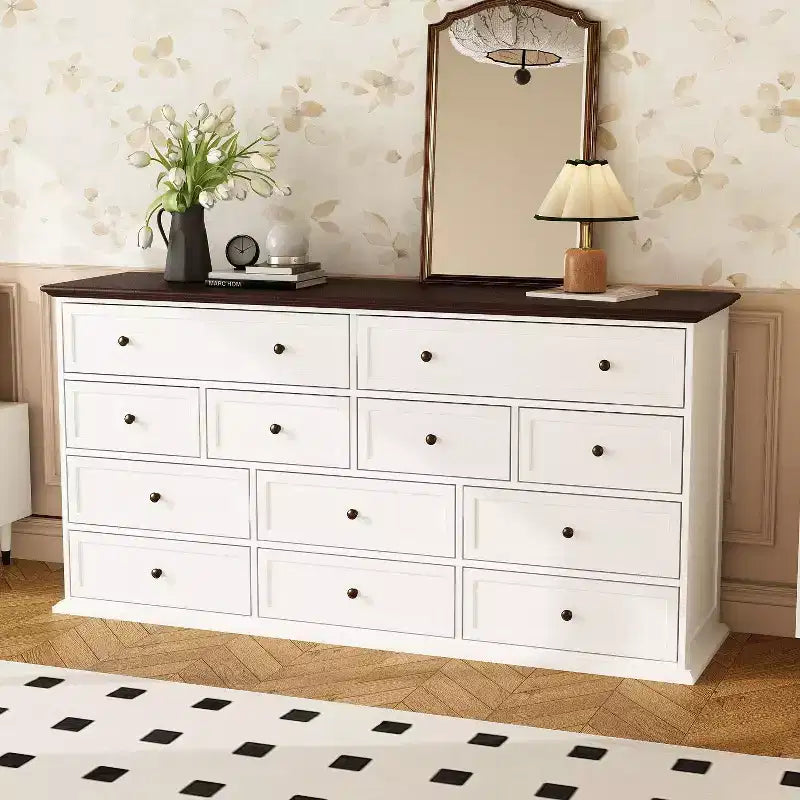 Cómoda horizontal grande blanca de 12 cajones con tapa de color roble