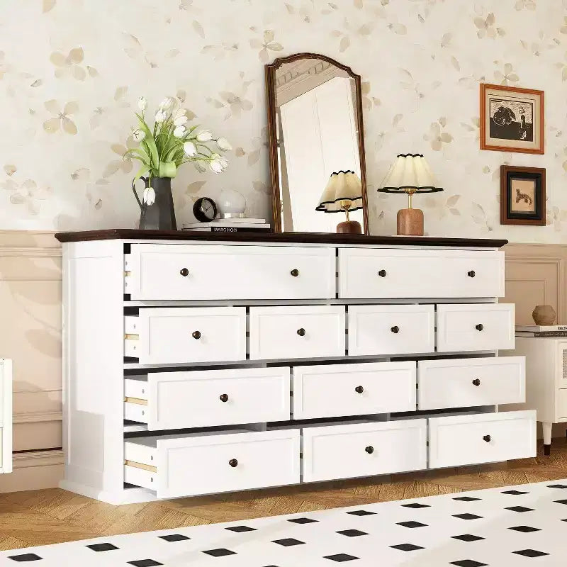 Cómoda horizontal grande blanca de 12 cajones con tapa de color roble