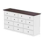 Cómoda horizontal grande blanca de 12 cajones con tapa de color roble