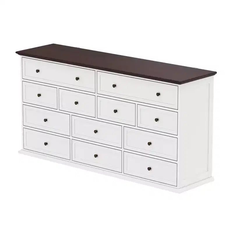 Cómoda horizontal grande blanca de 12 cajones con tapa de color roble