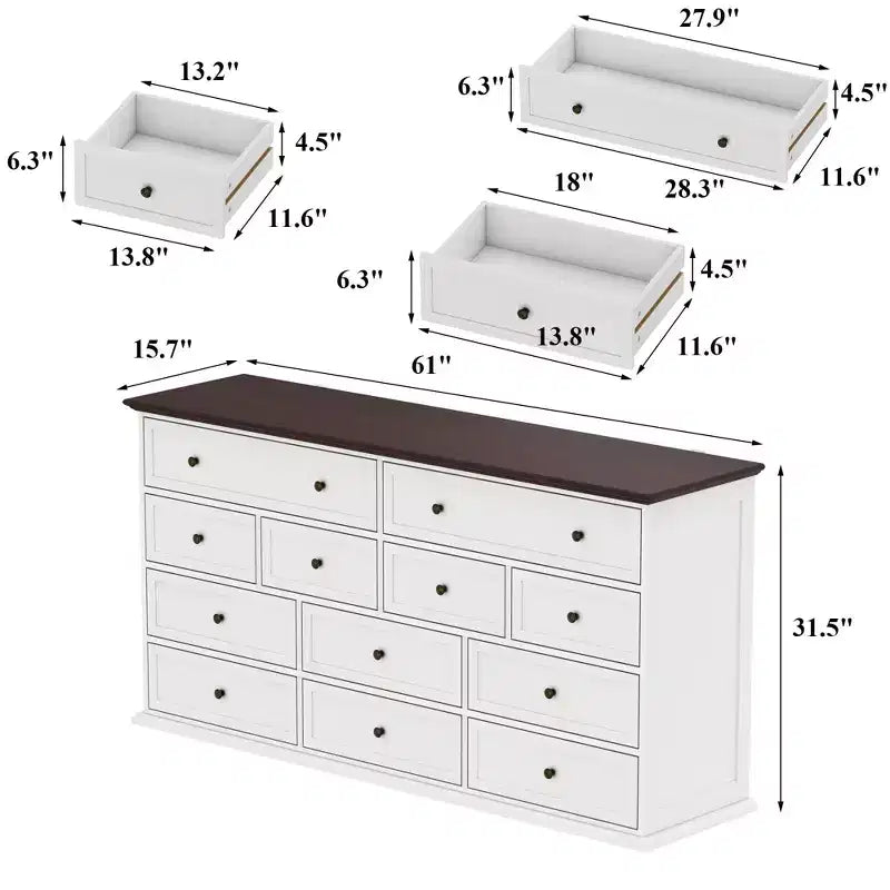 Cómoda horizontal grande blanca de 12 cajones con tapa de color roble