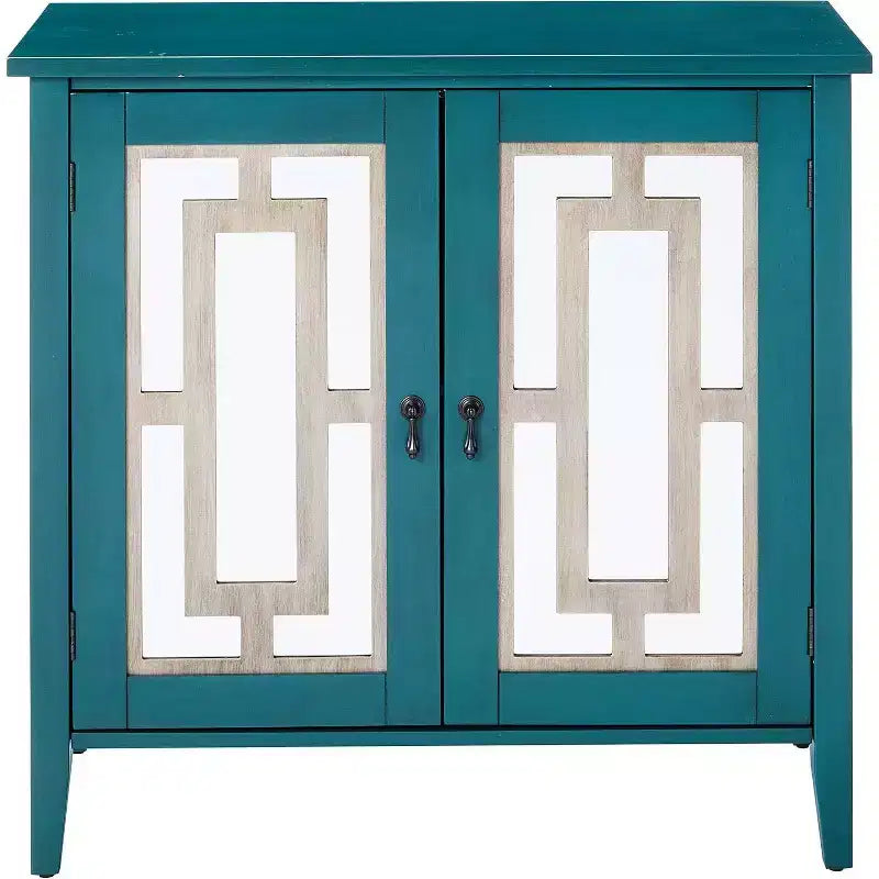 Aparador / Mesa consola azul antiguo con puertas de espejo