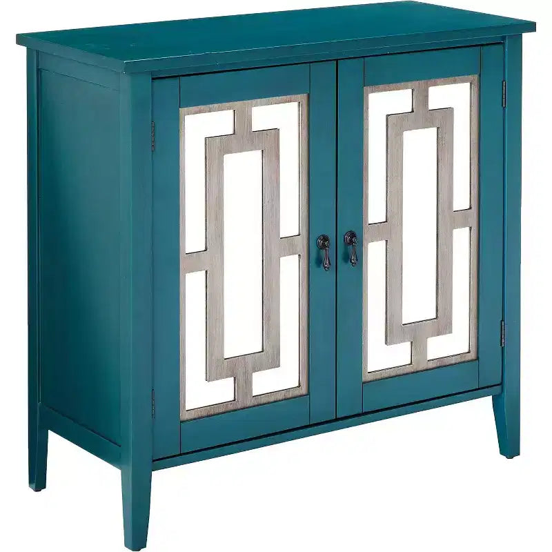 Aparador / Mesa consola azul antiguo con puertas de espejo