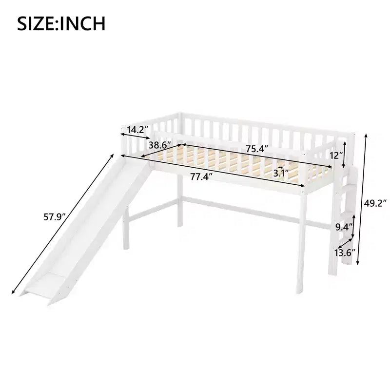 Cama alta de madera doble de 77.4L x 40.5W con escalera y tobogán, adecuada para espacios pequeños