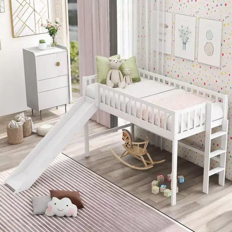Cama alta de madera doble de 77.4L x 40.5W con escalera y tobogán, adecuada para espacios pequeños