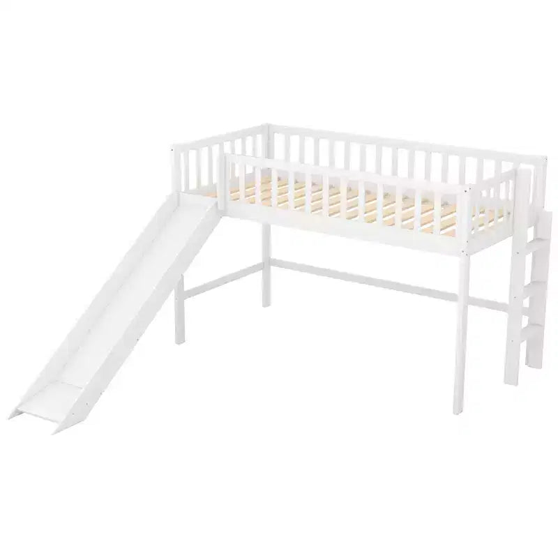 Cama alta de madera doble de 77.4L x 40.5W con escalera y tobogán, adecuada para espacios pequeños