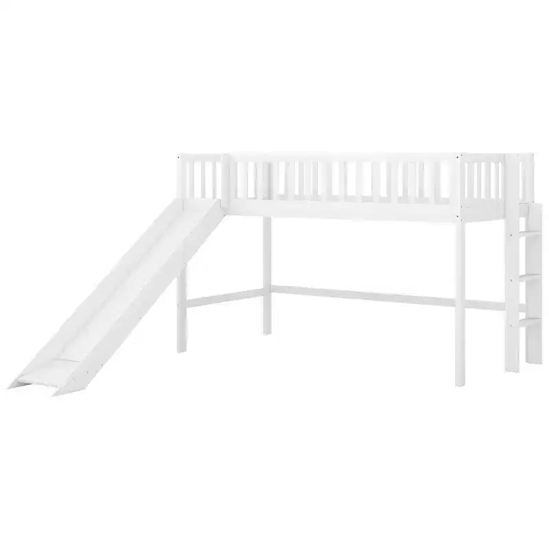 Cama alta de madera doble de 77.4L x 40.5W con escalera y tobogán, adecuada para espacios pequeños