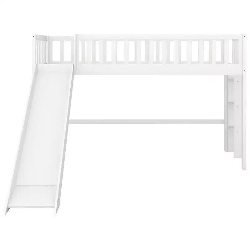 Cama alta de madera doble de 77.4L x 40.5W con escalera y tobogán, adecuada para espacios pequeños