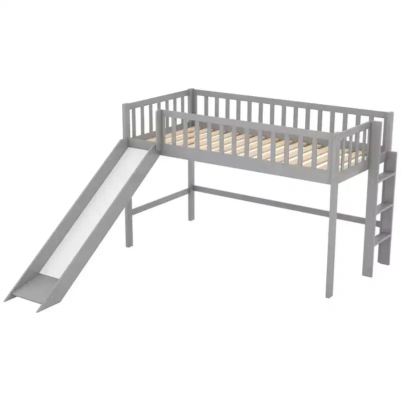 Cama alta de madera doble de 77.4L x 40.5W con escalera y tobogán, adecuada para espacios pequeños