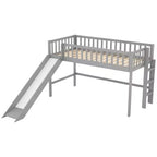 Cama alta de madera doble de 77.4L x 40.5W con escalera y tobogán, adecuada para espacios pequeños