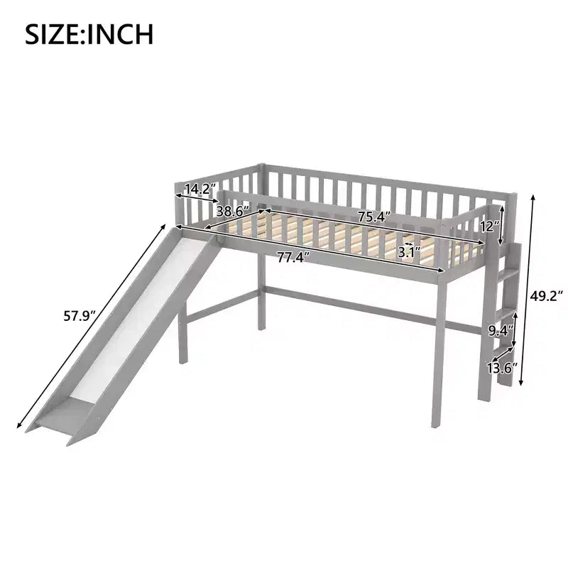 Cama alta de madera doble de 77.4L x 40.5W con escalera y tobogán, adecuada para espacios pequeños