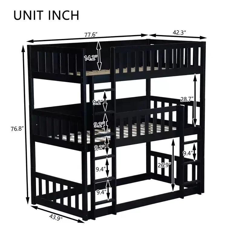 Litera triple de madera de caucho con literas desmontables, escaleras y barandillas