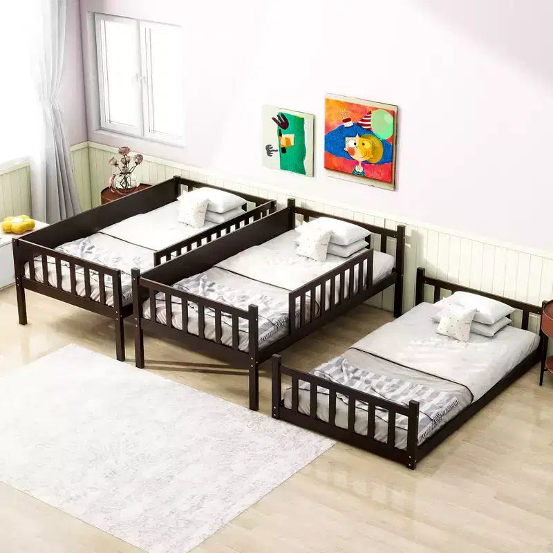 Litera triple de madera de caucho con literas desmontables, escaleras y barandillas