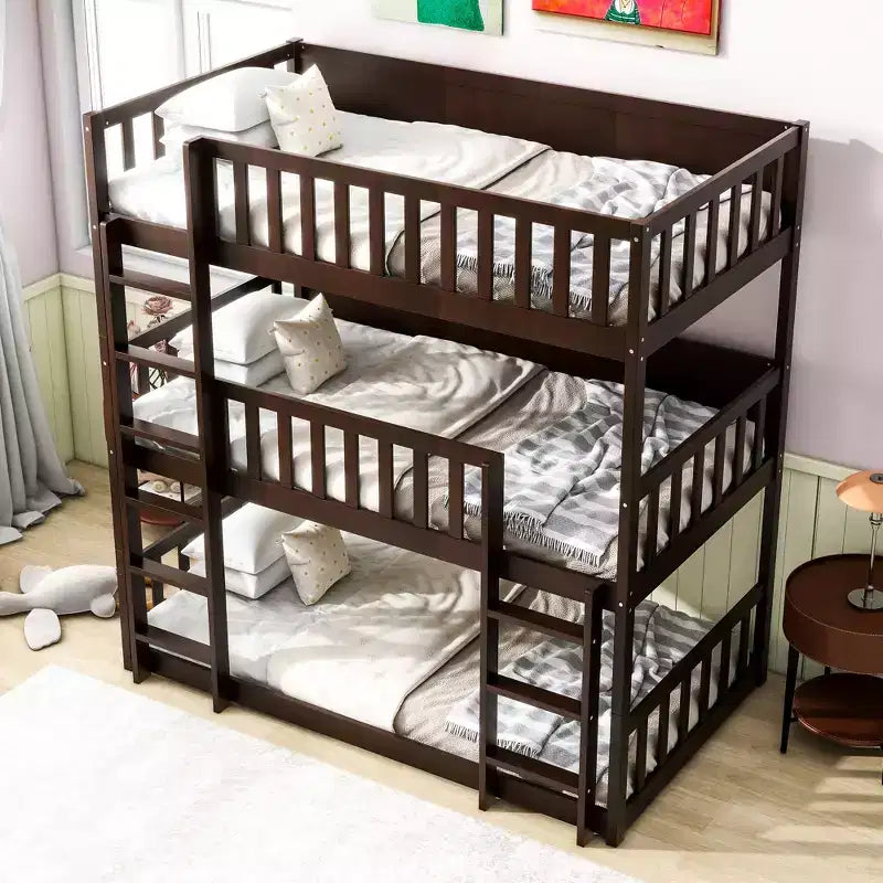 Litera triple de madera de caucho con literas desmontables, escaleras y barandillas