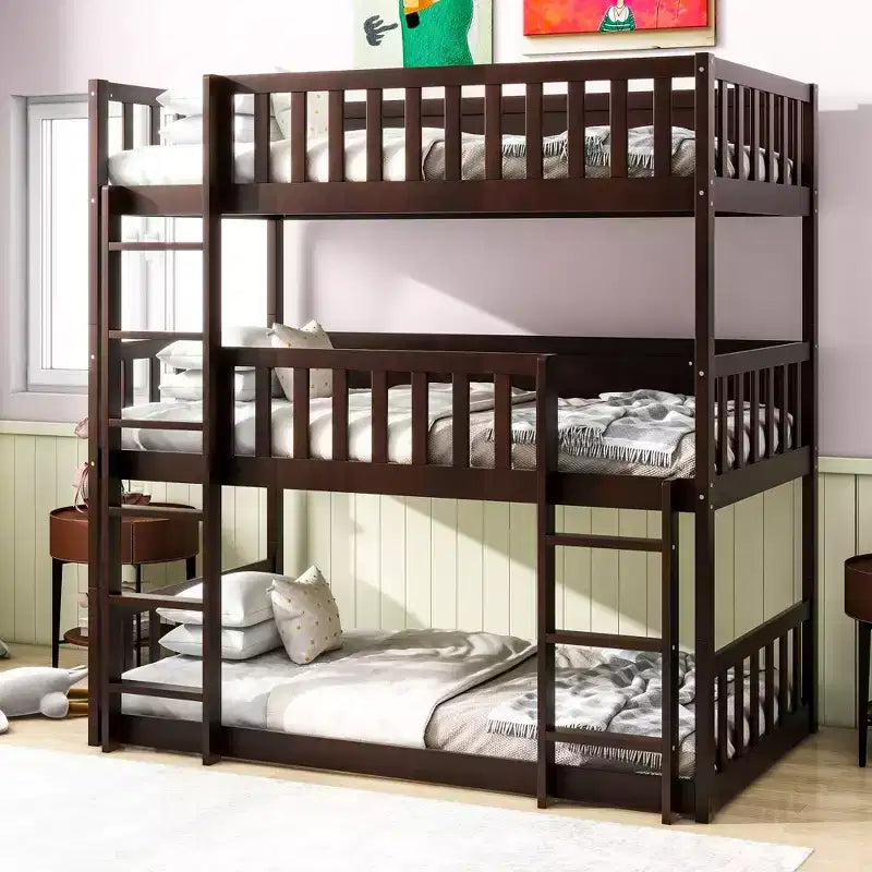 Litera triple de madera de caucho con literas desmontables, escaleras y barandillas