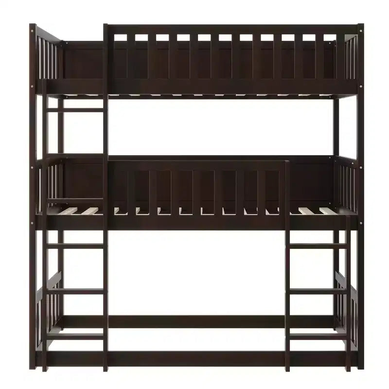 Litera triple de madera de caucho con literas desmontables, escaleras y barandillas