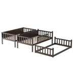 Litera triple de madera de caucho con literas desmontables, escaleras y barandillas