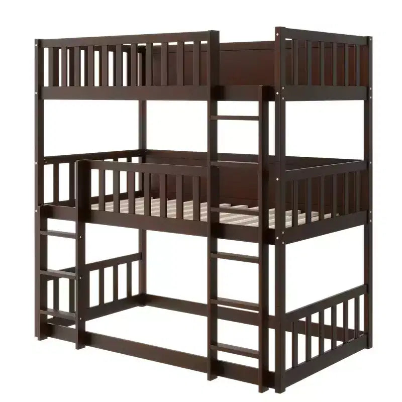 Litera triple de madera de caucho con literas desmontables, escaleras y barandillas