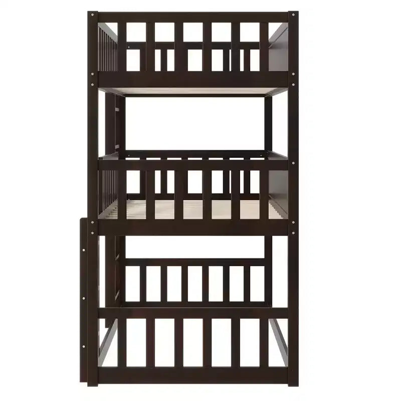 Litera triple de madera de caucho con literas desmontables, escaleras y barandillas