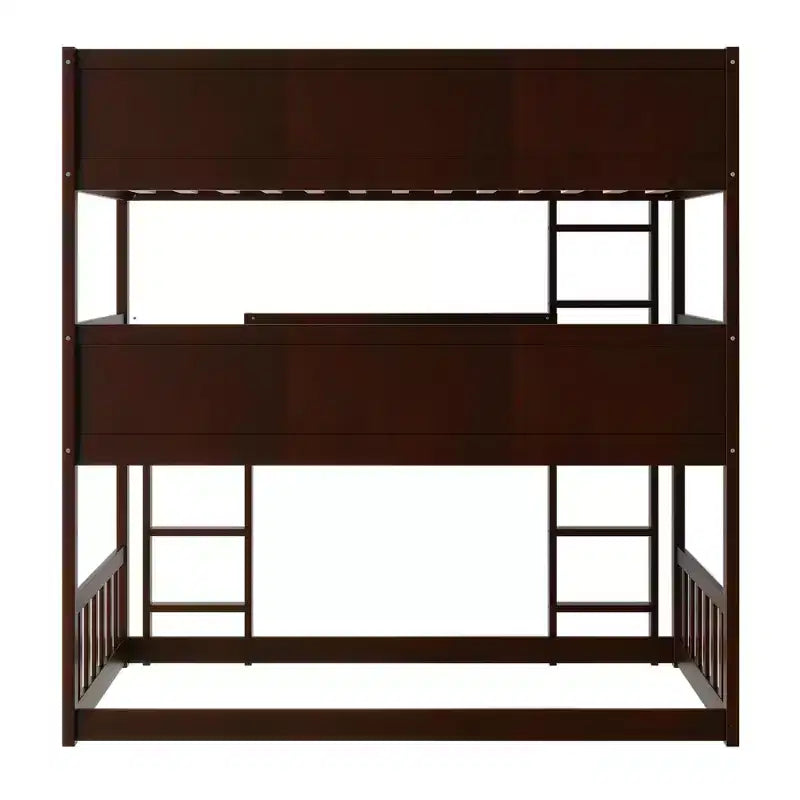 Litera triple de madera de caucho con literas desmontables, escaleras y barandillas