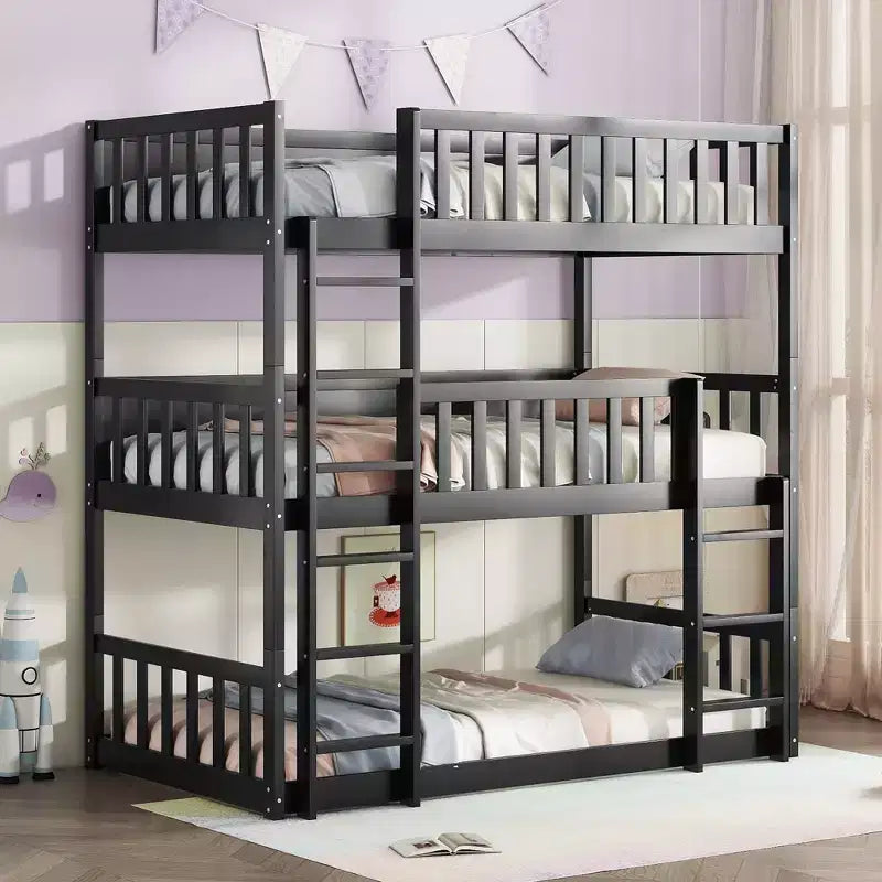 Litera triple de madera de caucho con literas desmontables, escaleras y barandillas