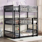 Litera triple de madera de caucho con literas desmontables, escaleras y barandillas