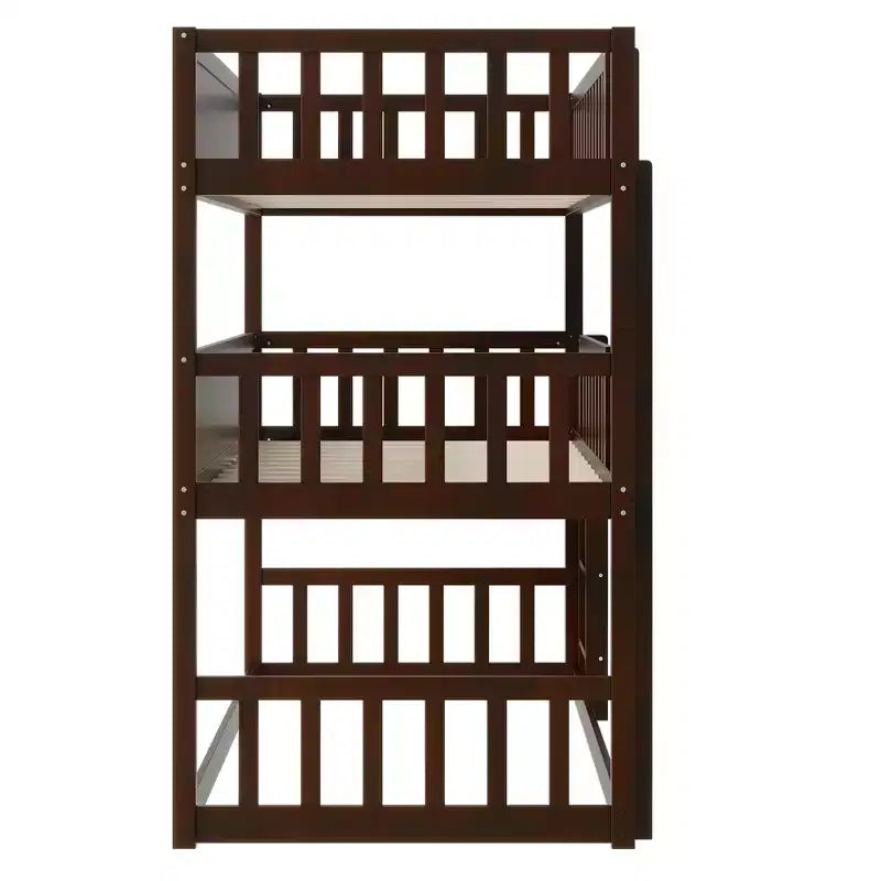 Litera triple de madera de caucho con literas desmontables, escaleras y barandillas