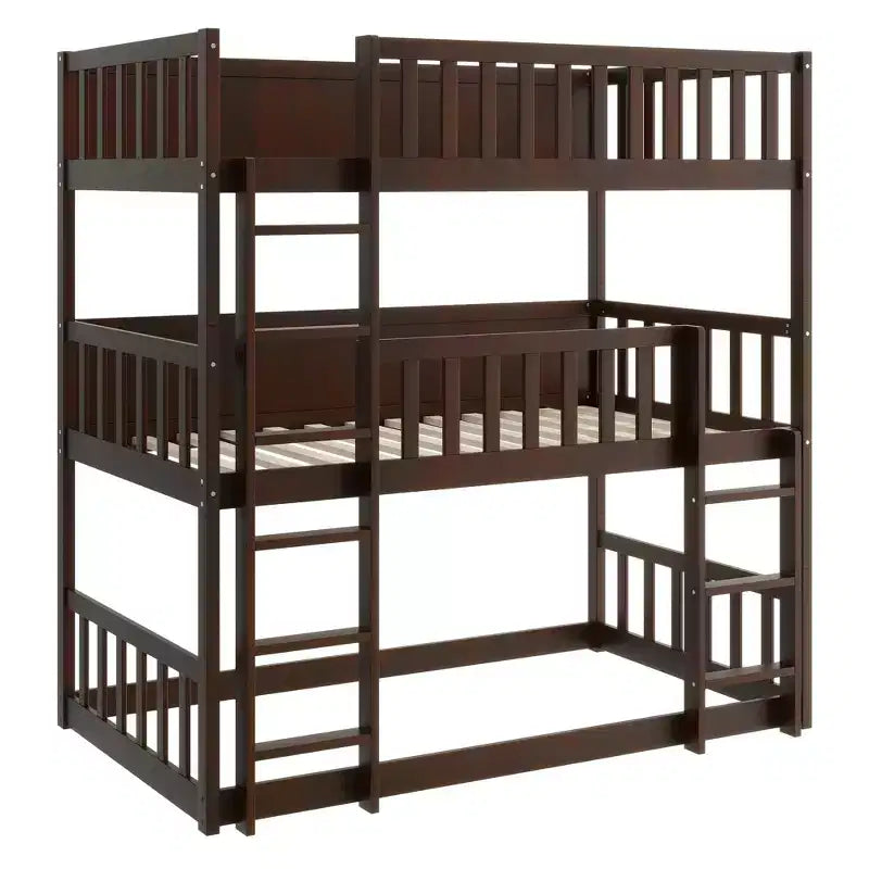 Litera triple de madera de caucho con literas desmontables, escaleras y barandillas