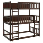 Litera triple de madera de caucho con literas desmontables, escaleras y barandillas