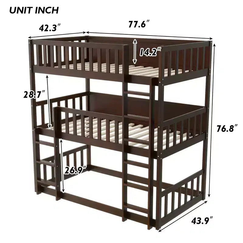 Litera triple de madera de caucho con literas desmontables, escaleras y barandillas
