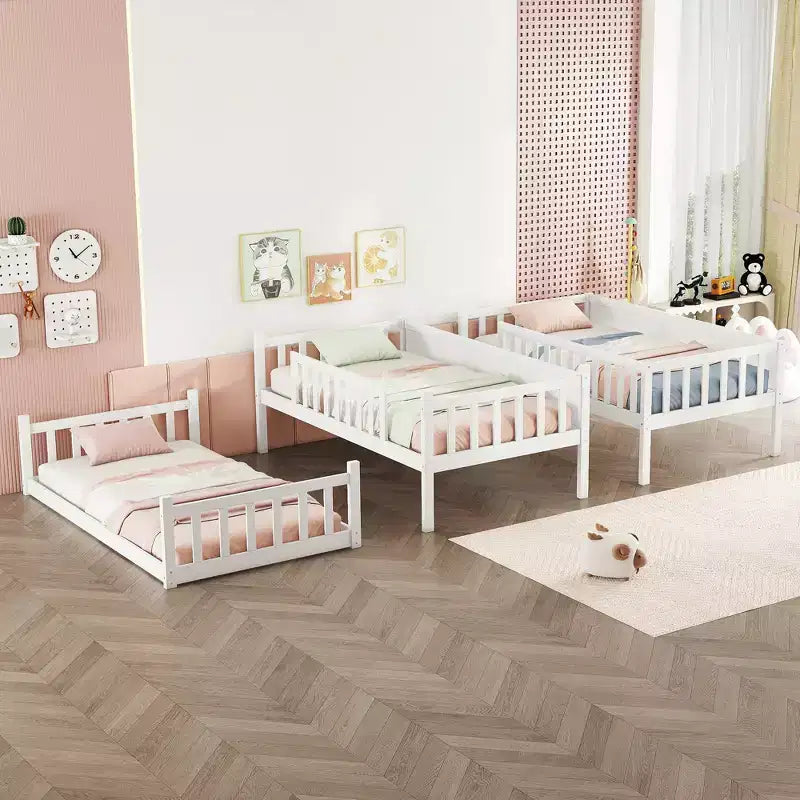 Litera triple de madera de caucho con literas desmontables, escaleras y barandillas