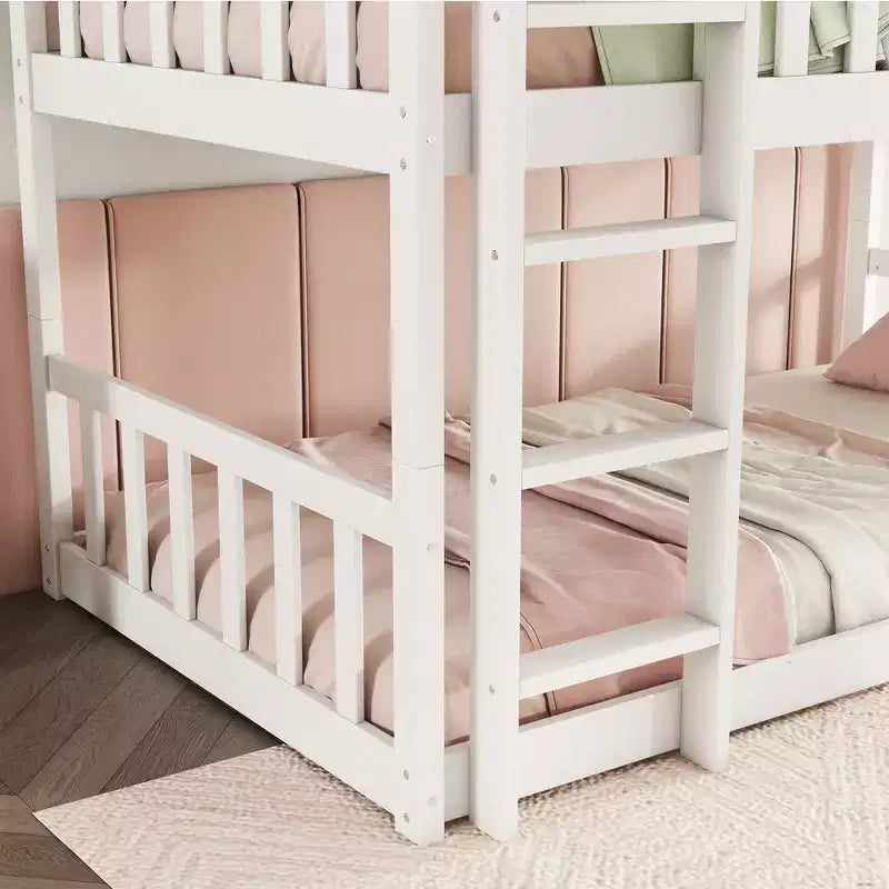Litera triple de madera de caucho con literas desmontables, escaleras y barandillas