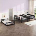 Litera triple de madera de caucho con literas desmontables, escaleras y barandillas