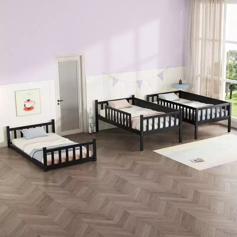 Litera triple de madera de caucho con literas desmontables, escaleras y barandillas