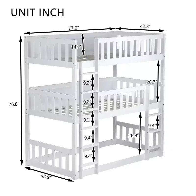 Litera triple de madera de caucho con literas desmontables, escaleras y barandillas