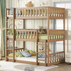 Litera triple de madera de caucho con literas desmontables, escaleras y barandillas