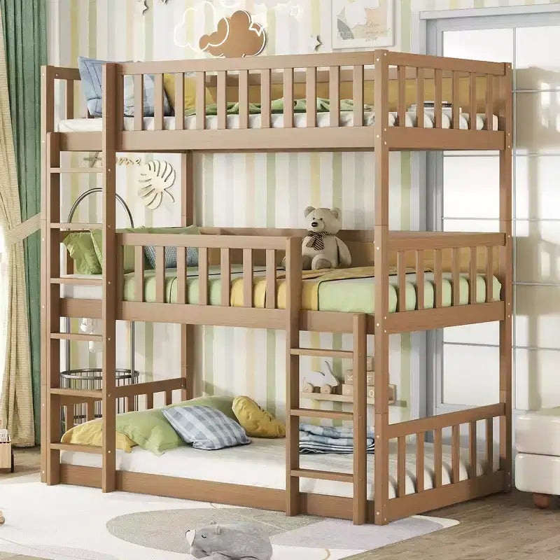 Litera triple de madera de caucho con literas desmontables, escaleras y barandillas