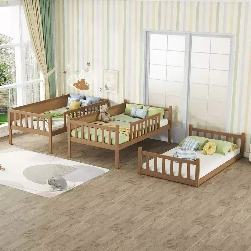 Litera triple de madera de caucho con literas desmontables, escaleras y barandillas