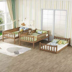 Litera triple de madera de caucho con literas desmontables, escaleras y barandillas
