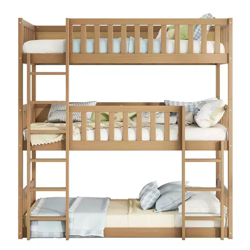 Litera triple de madera de caucho con literas desmontables, escaleras y barandillas