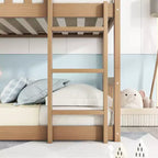Litera triple de madera de caucho con literas desmontables, escaleras y barandillas