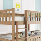 Litera triple de madera de caucho con literas desmontables, escaleras y barandillas