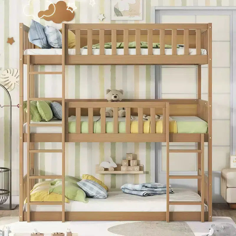 Litera triple de madera de caucho con literas desmontables, escaleras y barandillas