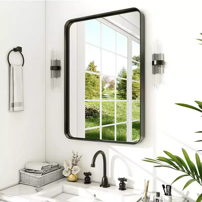 Espejo de Pared Rectangular de Aleación de Aluminio con Recubrimiento Negro Brillante y Bordes Curvos