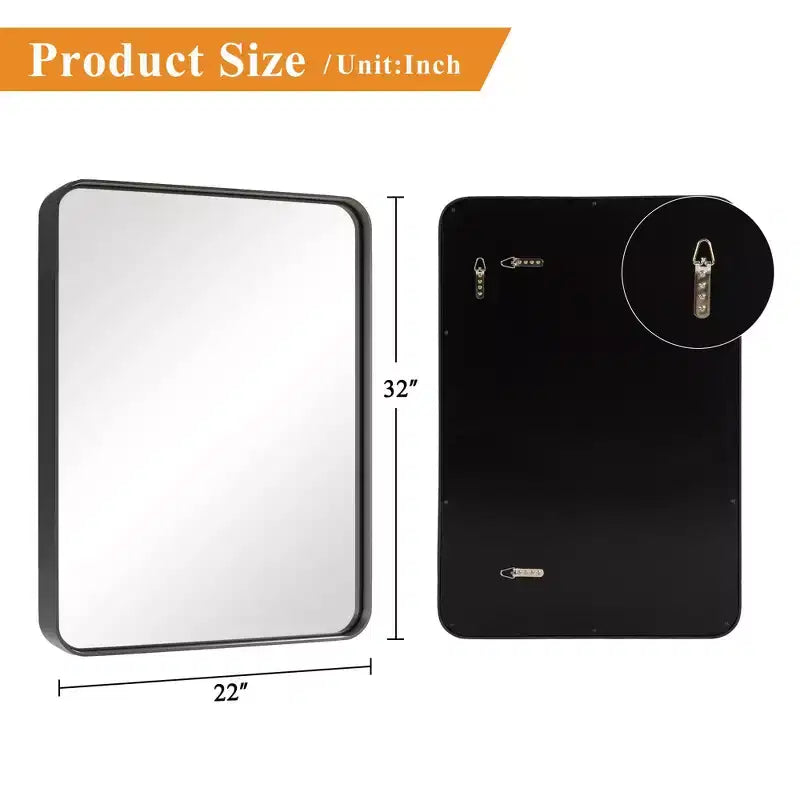Espejo de Pared Rectangular de Aleación de Aluminio con Recubrimiento Negro Brillante y Bordes Curvos