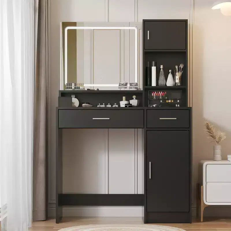 Tocador de 35,4 pulgadas con espejo y tira de luz LED, mesa de maquillaje con cajones, cómoda con 3 niveles de almacenamiento y 3 modos de iluminación