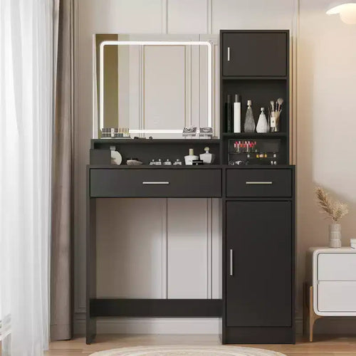 Tocador de 35,4 pulgadas con espejo y tira de luz LED, mesa de maquillaje con cajones, cómoda con 3 niveles de almacenamiento y 3 modos de iluminación