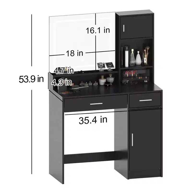 Tocador de 35,4 pulgadas con espejo y tira de luz LED, mesa de maquillaje con cajones, cómoda con 3 niveles de almacenamiento y 3 modos de iluminación