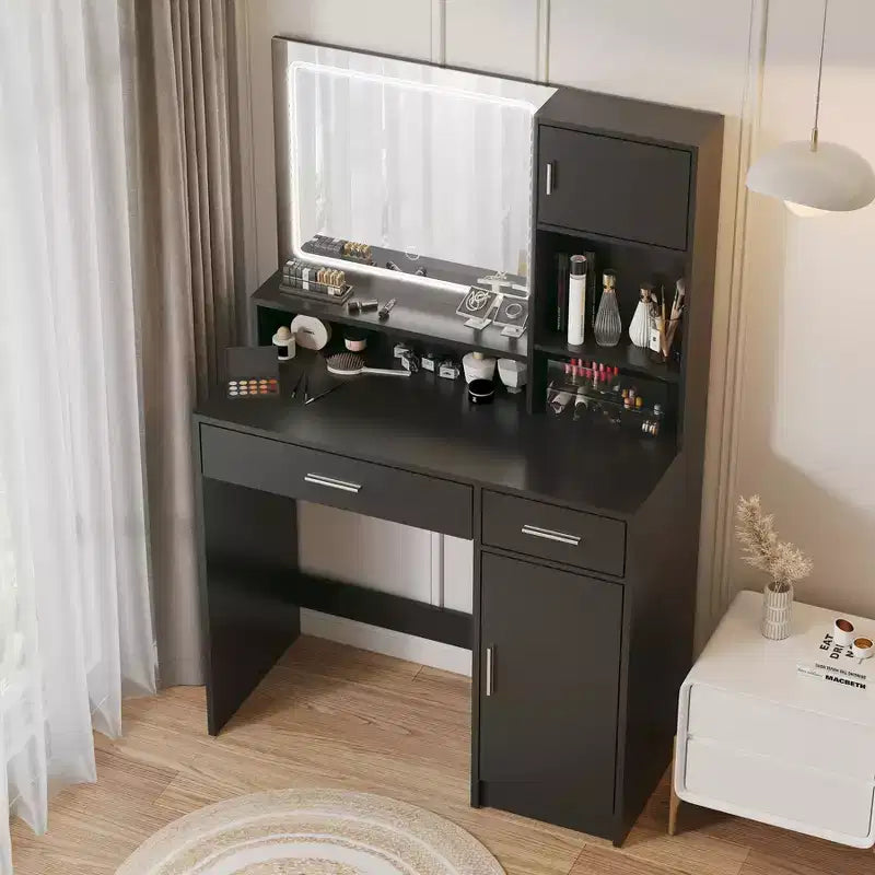 Tocador de 35,4 pulgadas con espejo y tira de luz LED, mesa de maquillaje con cajones, cómoda con 3 niveles de almacenamiento y 3 modos de iluminación