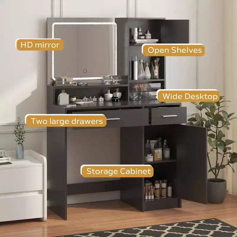 Tocador de 35,4 pulgadas con espejo y tira de luz LED, mesa de maquillaje con cajones, cómoda con 3 niveles de almacenamiento y 3 modos de iluminación